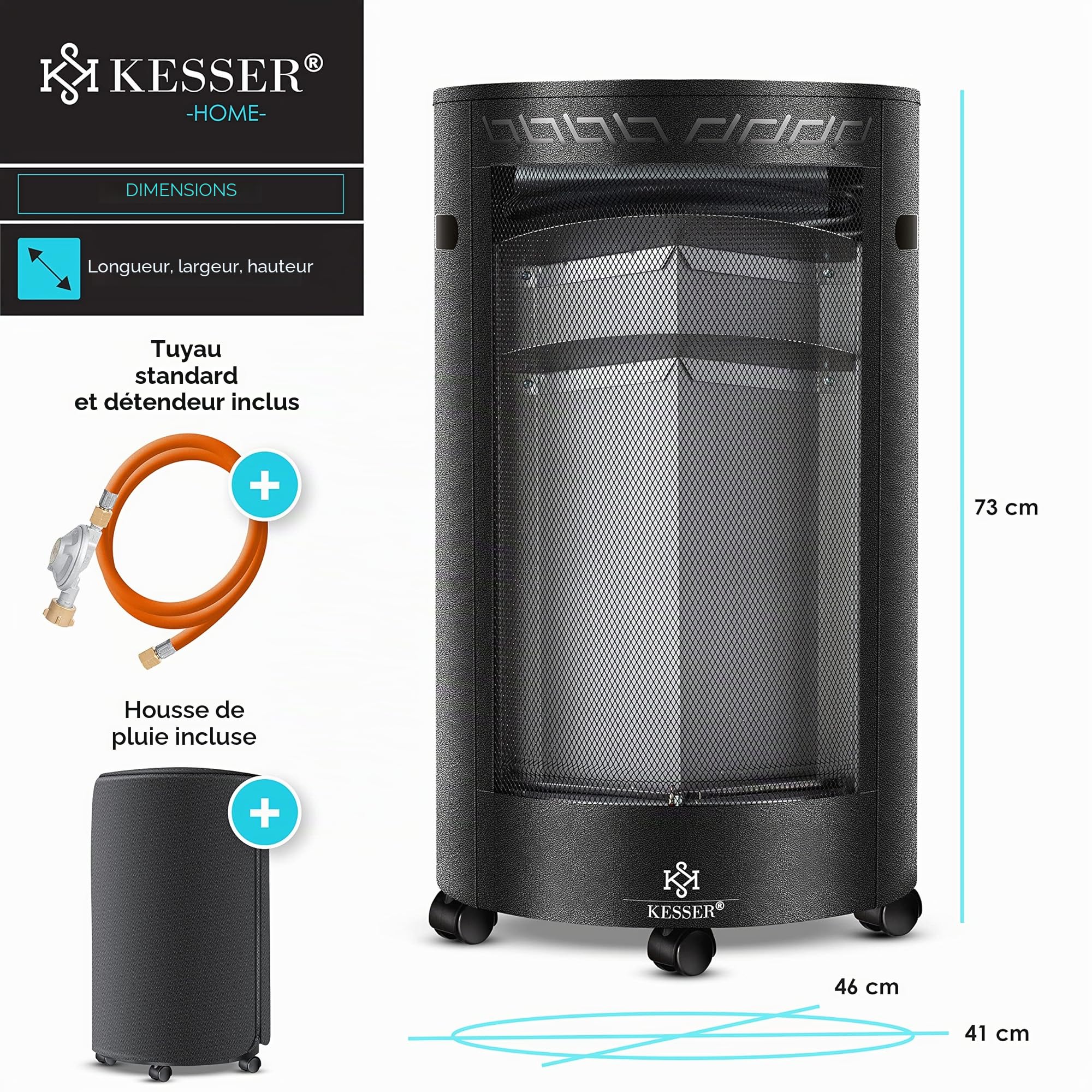 KESSER Chauffage à gaz en céramique 4200 watts avec détendeur, tuyau de gaz, brûleur infrarouge noir