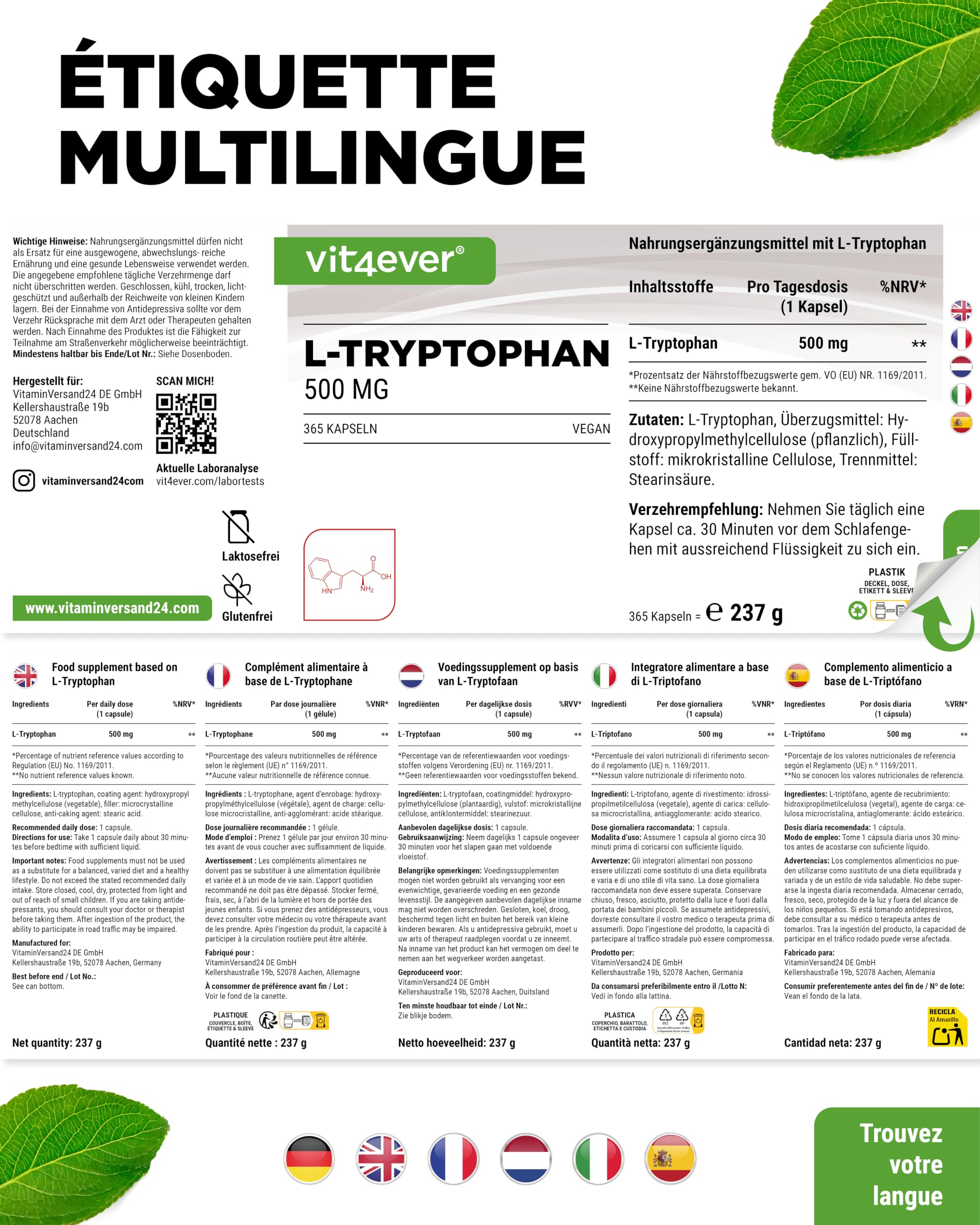 L-Tryptophane - Hautement Dosé avec 500 mg par Gélule - 365 Gélules Véganes - Réserve de 12 Mois - Issu de Fermentation Végétale - sans Additifs Inutiles, Végan