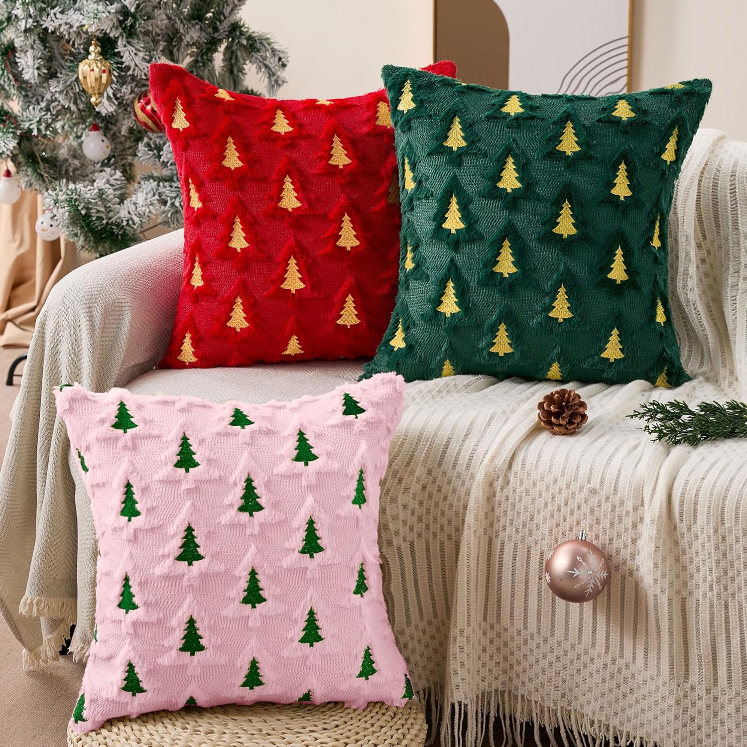 Allorry Christmas Pillow Covers 20x20 Set of 2 Pink Green Double Xmas Tree Pillow Covers Soft Plush Faux Fur Christmas Decorations for Xmas Winter Holiday Home Bedroom Sofa Cushion Cases PT-008F20