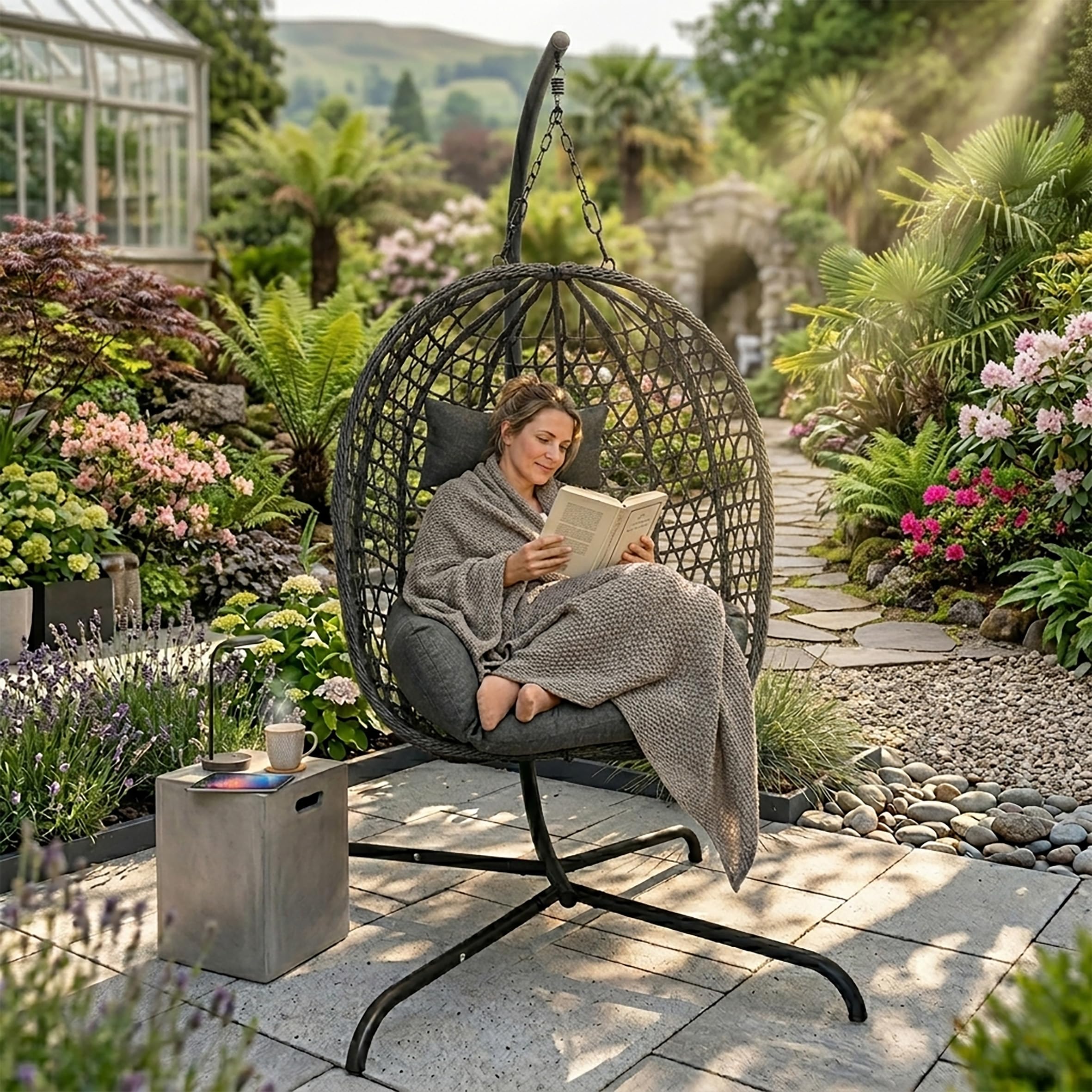 Poltrona sospesa per esterni, con telaio e supporto, 194 cm, antracite, in polyrattan, con cuscino per interni ed esterni, da giardino, in vimini, imbottita, resistente alle intemperie