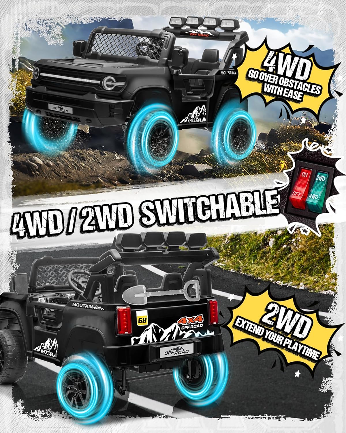 24V Ride on Toys for Big Kids, 2 Seater Electric Car w/22'' Large Seat, Remote Control, Shovel, 4X200W Engines, 4WD/2WD Switchable, Truck Bed Storage, Ride On Truck Toy for Boy Girl, Black