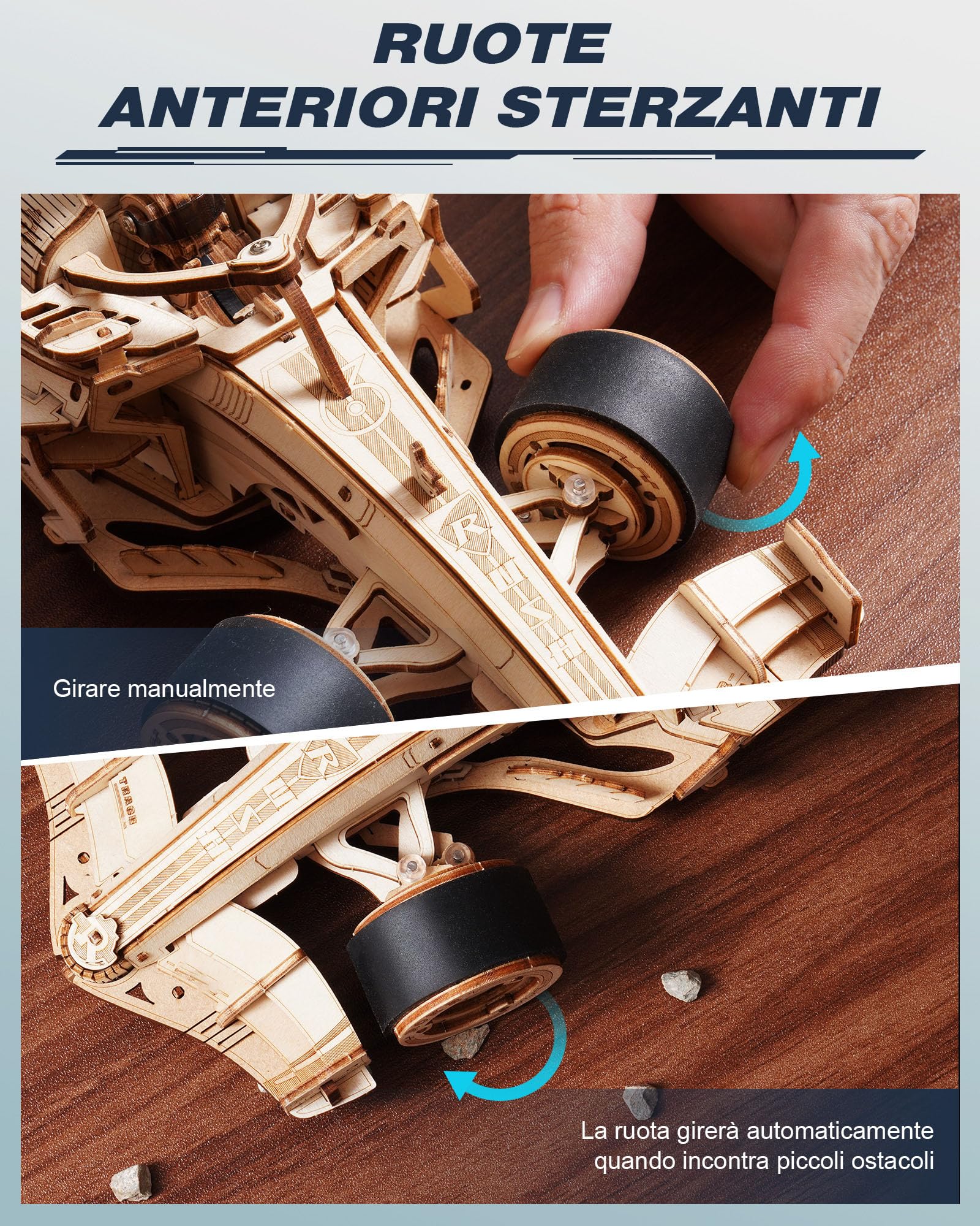 ROBOTIME Auto da Corsa Modello 3D in Legno a Carica, LK505 | 247 pezzi, Differenziale planetario, Sterzo regolabile a 45°, Scatola sonora meccanica