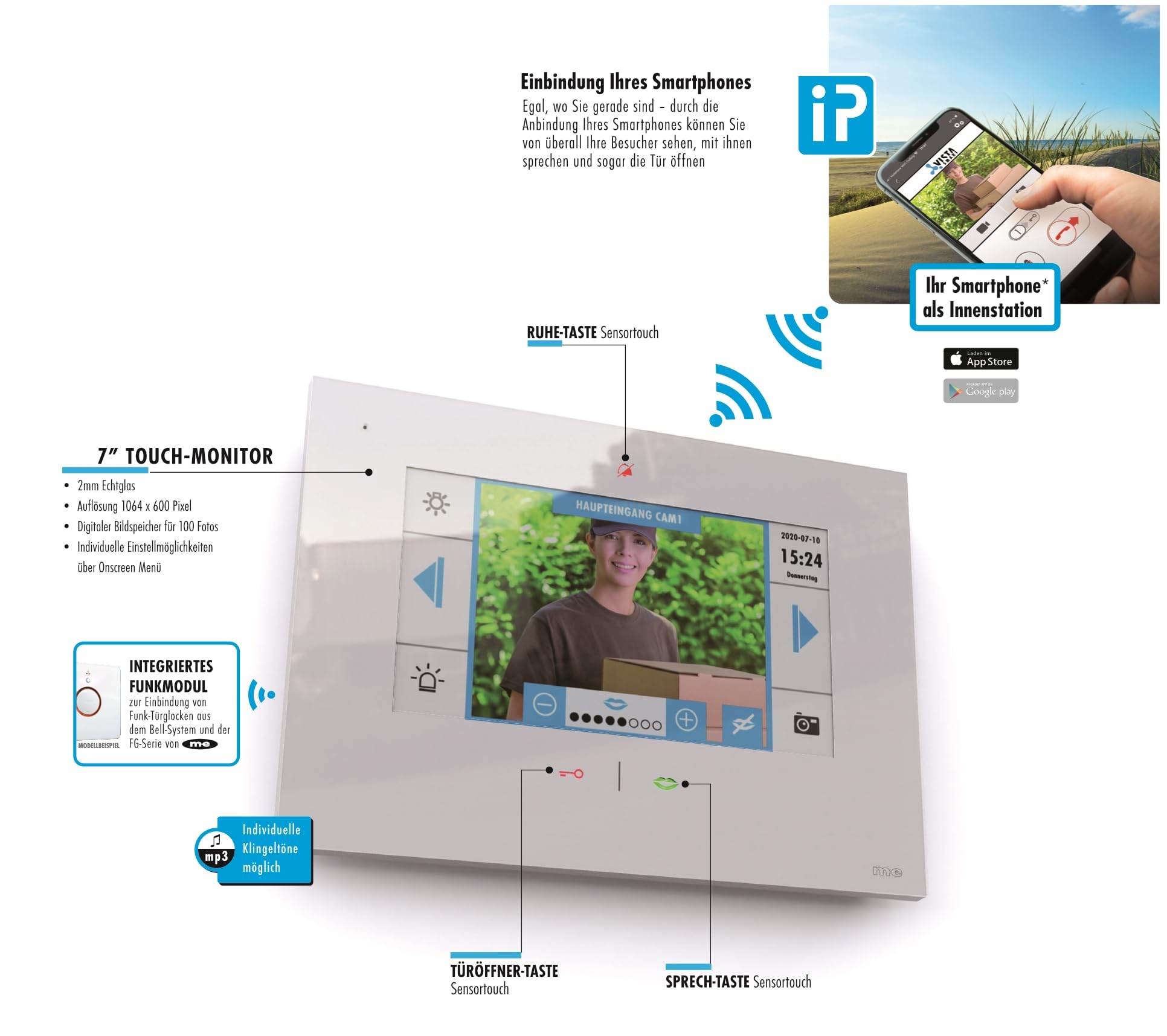 m-e VD ALU-6309 SS Video-Türsprechanlage Türklingel mit Kamera Aluminium-Außenstation für 3-Familienhaus 7'' iP Innenstation