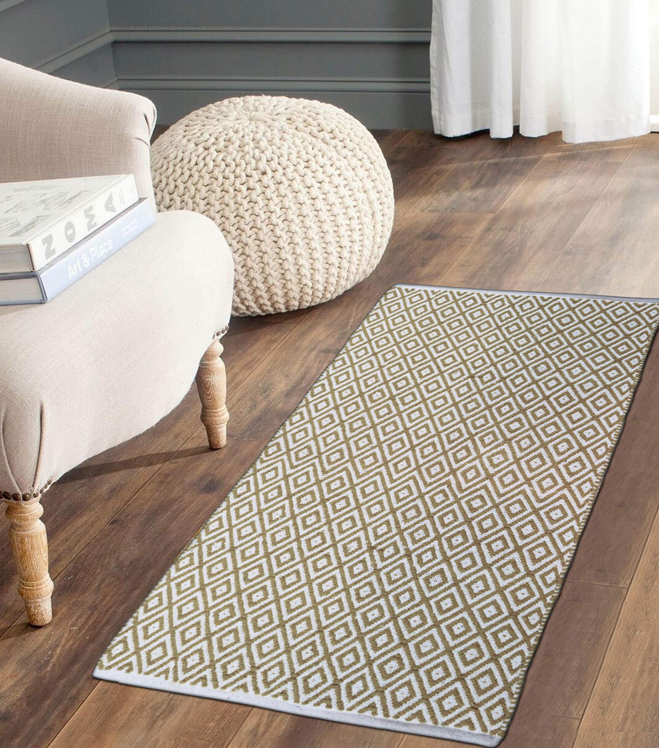 Weaved Cotton Rectangular Carpets | Contemporary Decorators | Area Rugs for Bedroom, Center Table, Living Room, Drawing Room, Hall | Machine Washable | 70 X 140 Cm | Beige