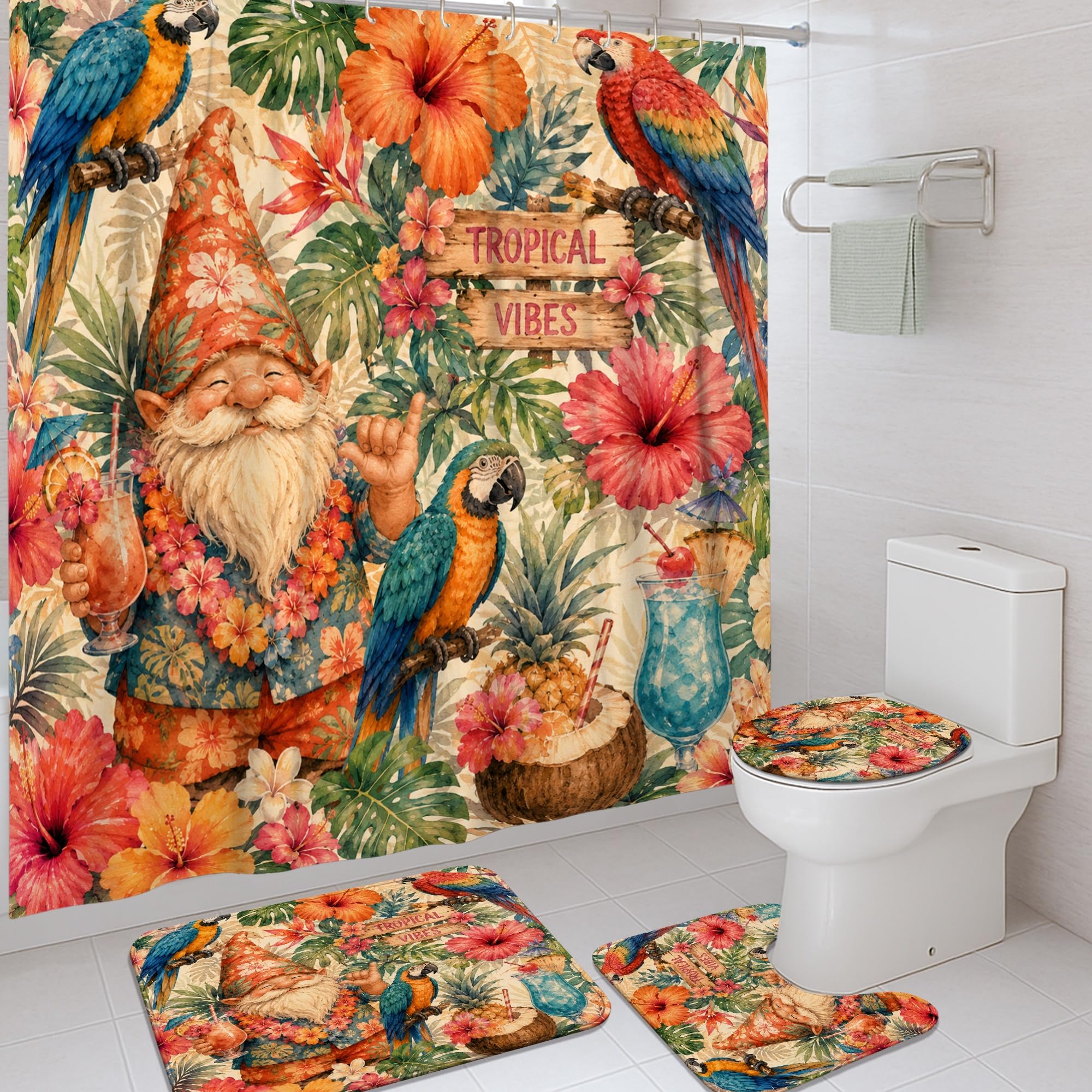 Rideau de douche tropical vert d'été pour une décoration de salle de bain exotique
