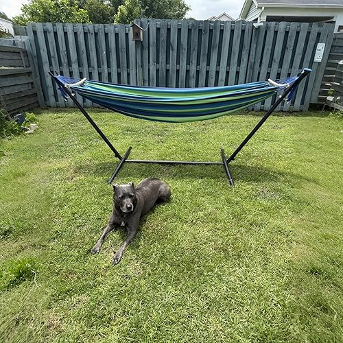 Miniatura 32 de SZHLUX Hamaca doble con soporte incluido, soporte de acero de capacidad de 450 libras, bolsa de transporte premium incluida y dos vigas de Café