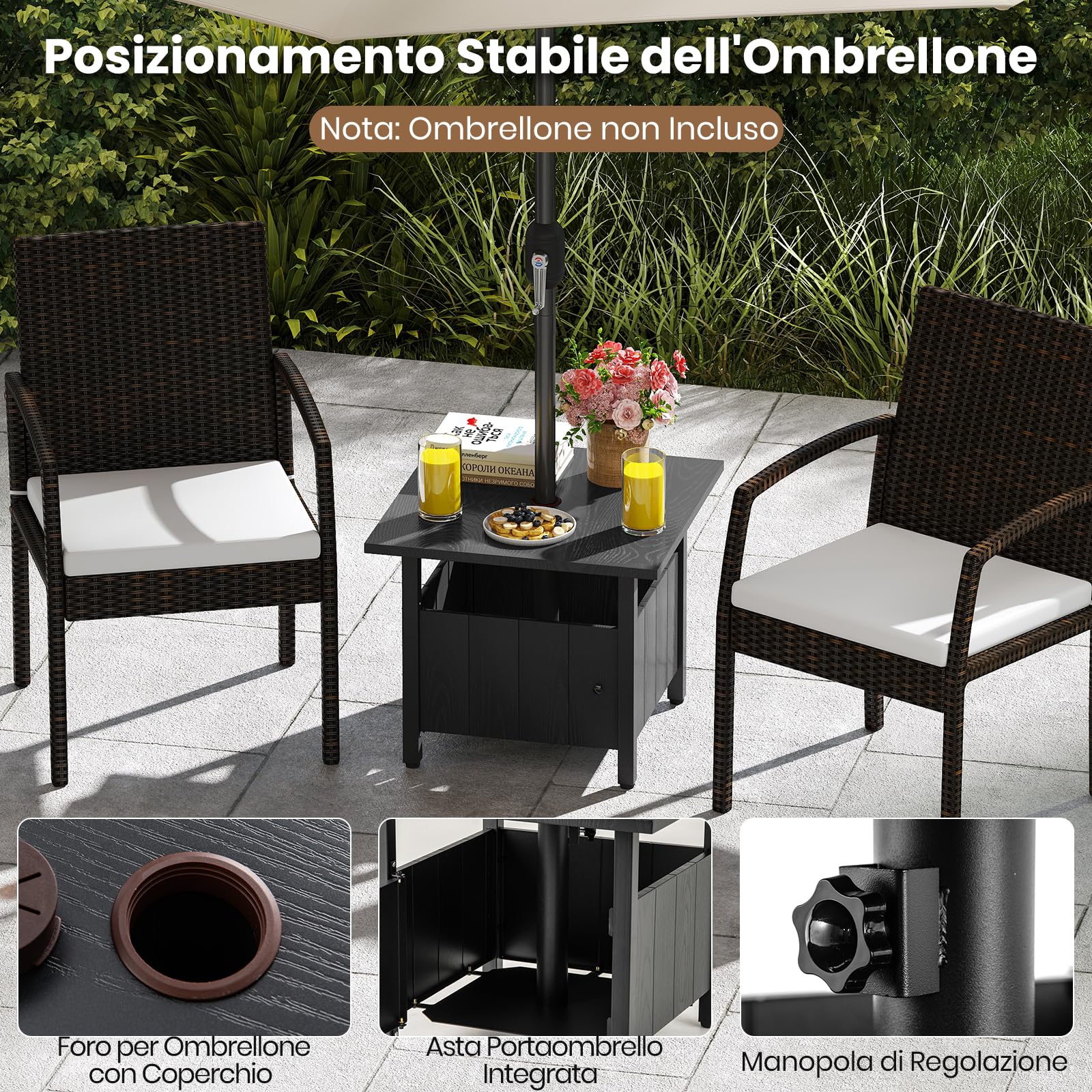 RELAX4LIFE 2 in 1 Tavolino Laterale in Metallo con Foro per Ombrellone 5cm Manopole Regolabili Tavolo da Giardino 80KG 55,5x55,5x48cm