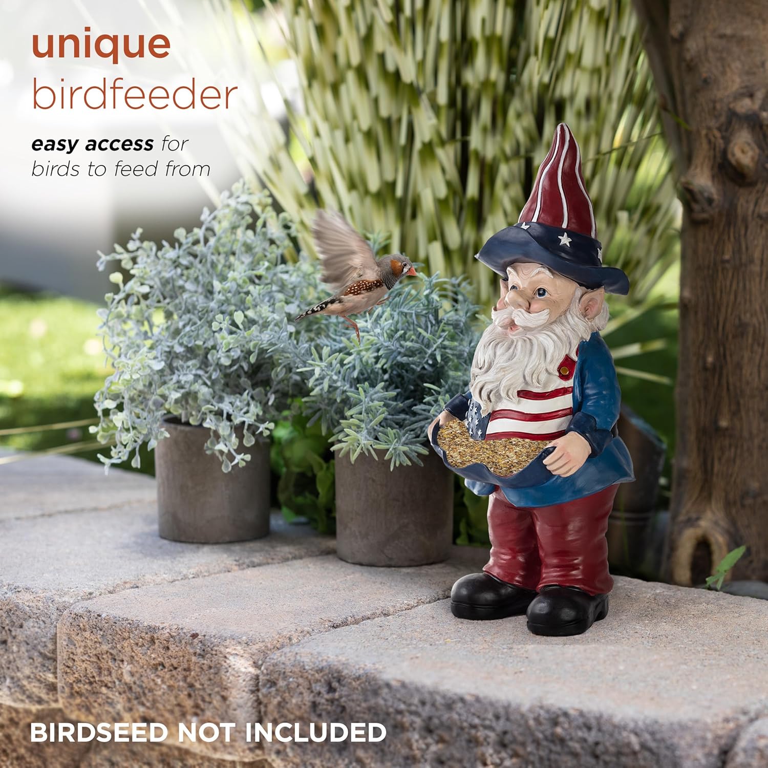 Alpine Corporation 12" Tall Outdoor Americana Garden Gnome with American Flag Bird Feeder and Yard Statue Decoration