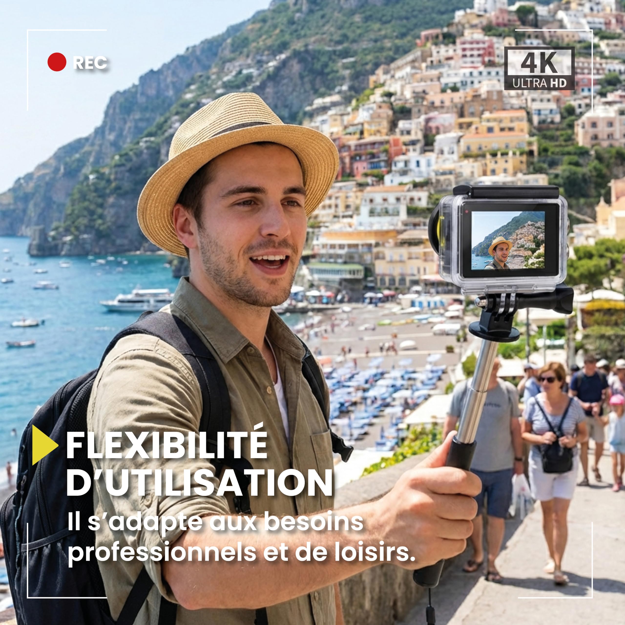 Midland H5 Pro C1515 - Caméra d'action Ultra HD Légère, Photos en Time Lapse, Grand Angle 140°, Wi-FI, Écran LCD, Enregistrement Cyclique pour Voiture et Boîtier Étanche Jusqu’à 30 Mètres, Noir/Jaune