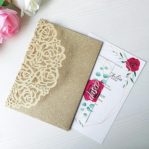 Miniatura 2 de 20 tarjetas de invitaciones de boda de 5.1 x 7.1 pulgadas, cortadas con láser, con sobres y cintas para boda, despedida de soltera, compromiso,