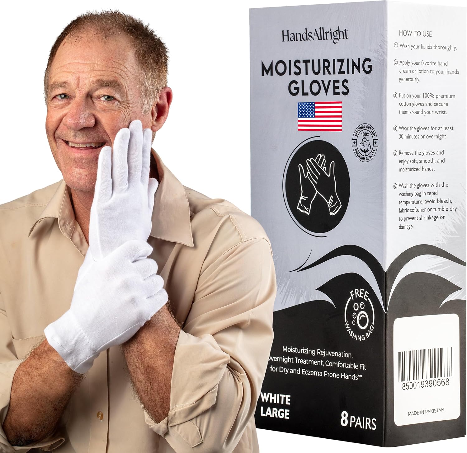 White Cotton Gloves for Dry Hand Sleeping - 8 Pairs of Washable Overnight Moisturizing Gloves with Laundry Bag, Breathable White Gloves for Women & Men