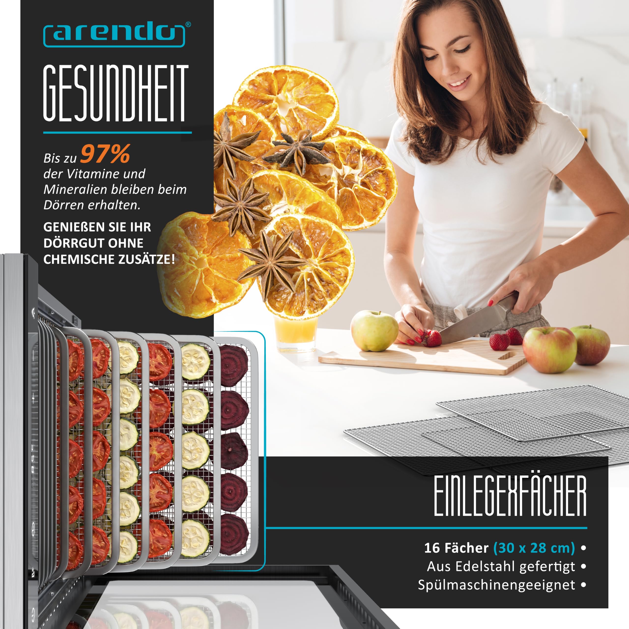 Arendo - Dörrautomat Edelstahl mit 16 Edelstahlgitter - 1000 Watt - 13400 cm² - 8 Programme - Dörrgerät Dehydrator Obsttrockner Dörrapparat - Obst Fleisch Pilze uvm - LED Touch Control