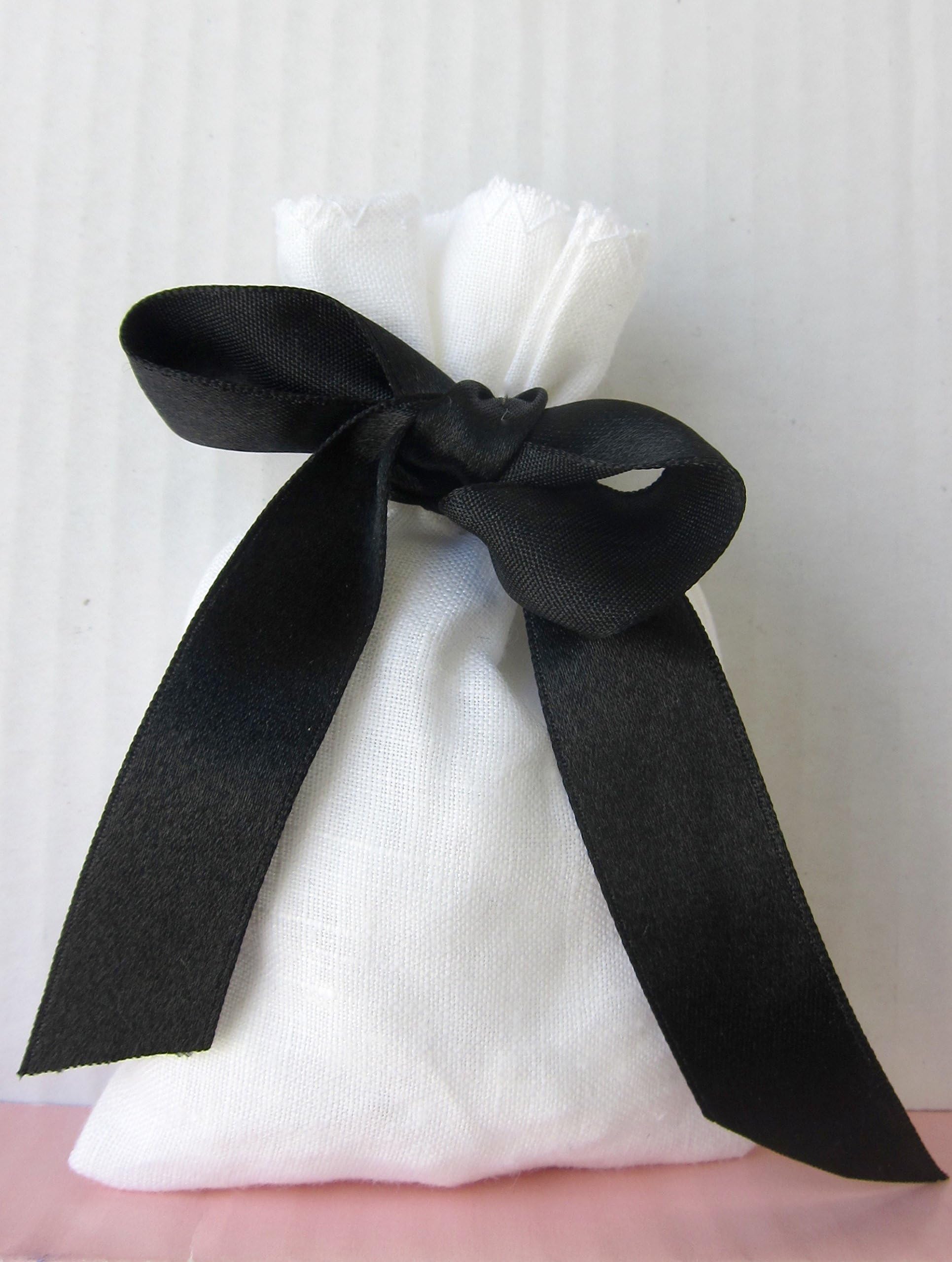 24 White French Linen Pouches with Black Oversized Satin Ribbon Gift bags for Wedding Favours luxury packaging, choose your size