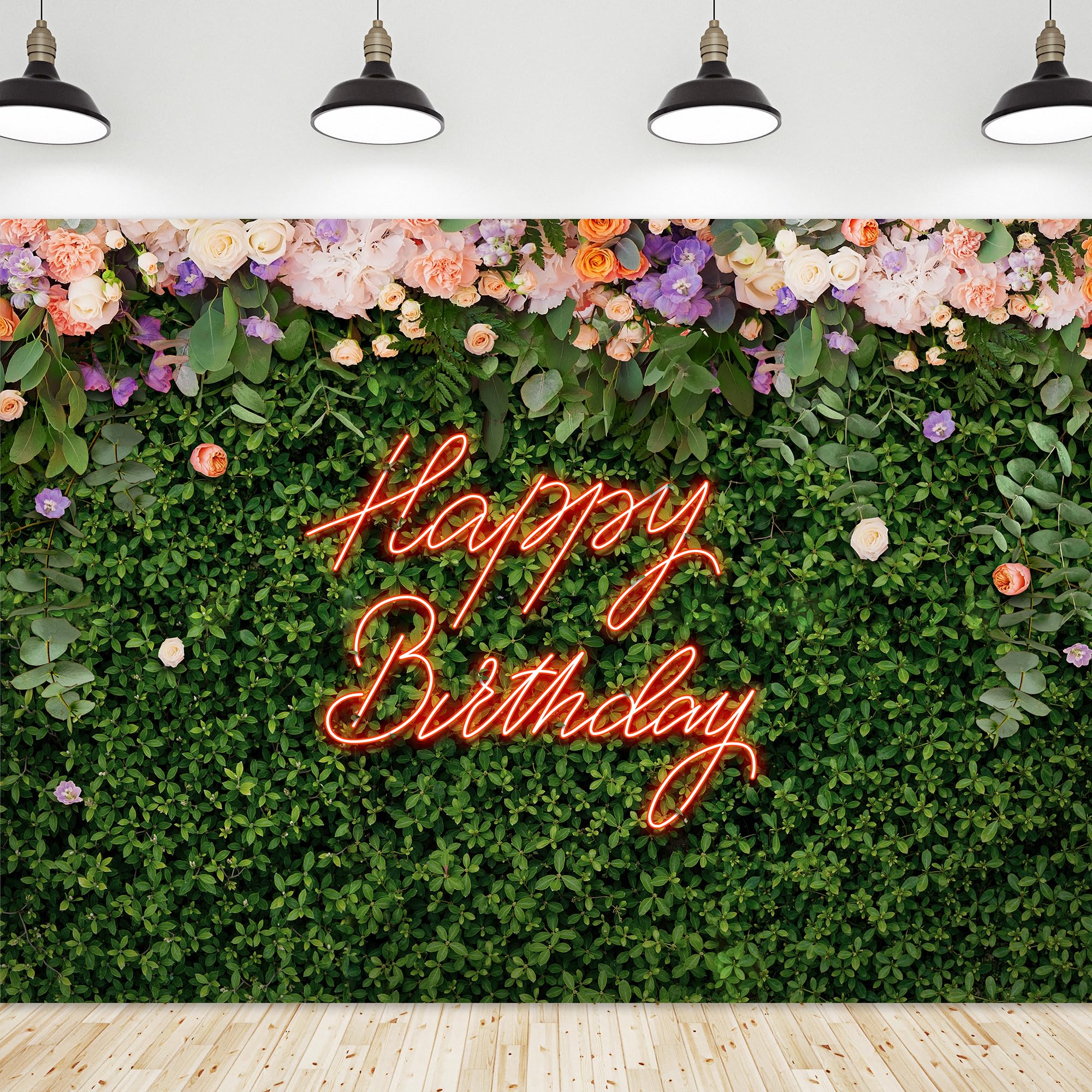 Riyidecor Green Leaves Happy Birthday Backdrop Polyester Fabric for Woman Neon Spring Flower Wall Floral Blossom Plant Botanical 7Wx5H Feet Nature