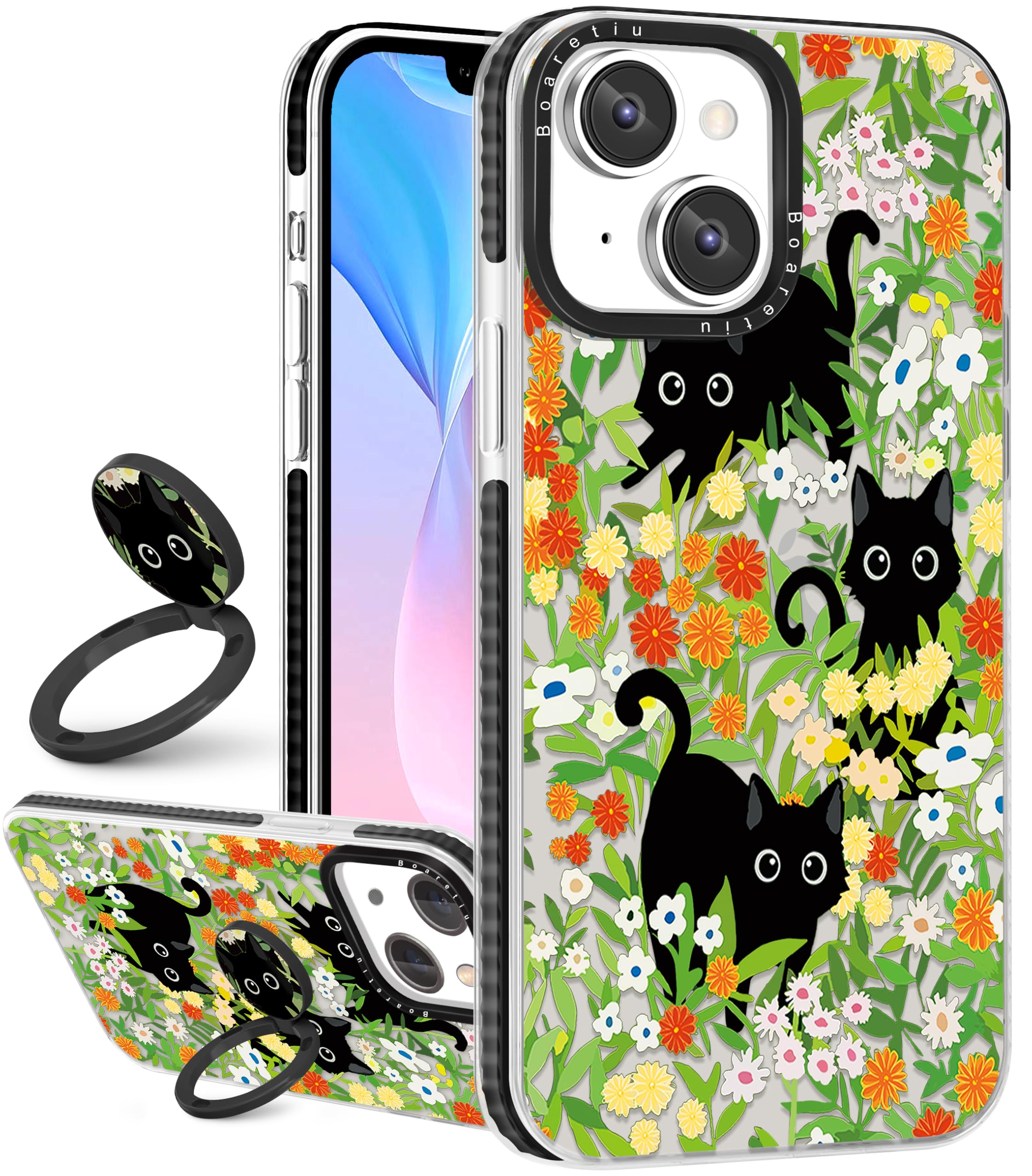 Photo 1 of Boaretiu Cute Kawaii for iPhone 13 Case with Stand - Fashion Cool 360° Rotate Ring Holder Kickstand Cat Flower Design for Women Girls Boys Teens Girly for iPhone 13 Phone Case