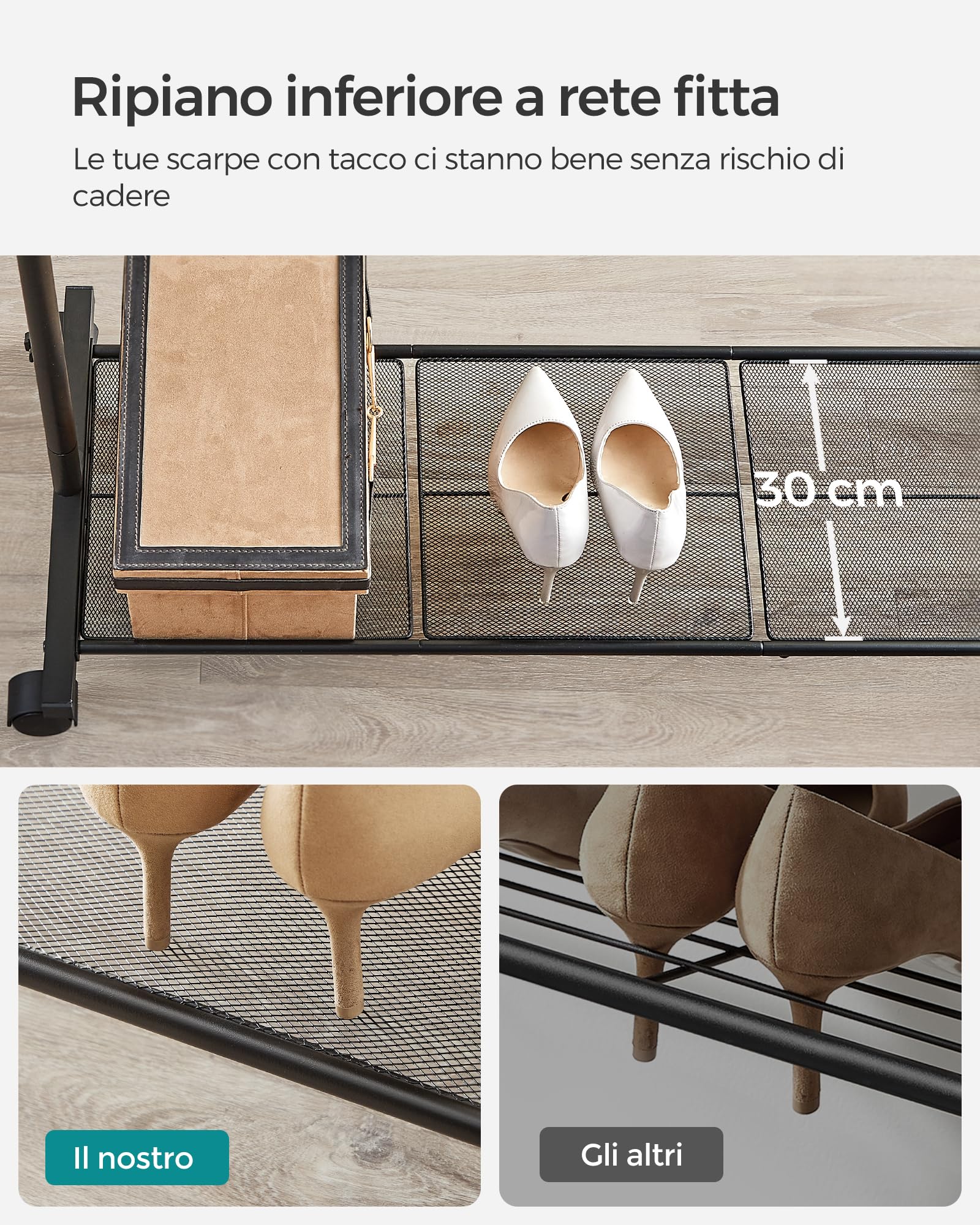 Appendiabiti Doppio SONGMICS Con Rotelle - Largo 91 Cm, Ripiano Portaoggetti, Portata 20 Kg | Nero - Foto 11