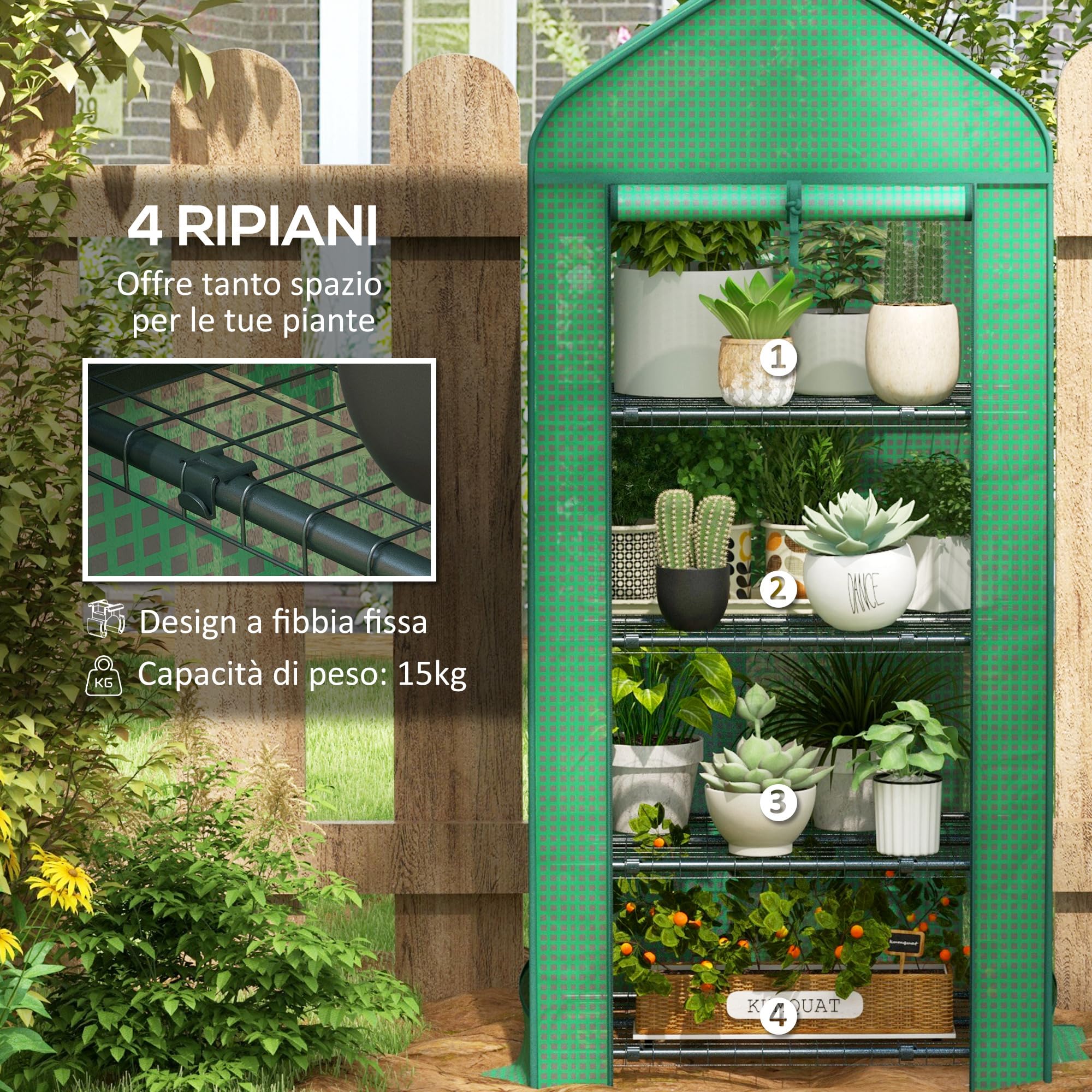 Outsunny Serra per Piante a 4 Ripiani con Porta Avvolgibile, Piccola Serra in Metallo e PE, 69x49x158 cm, Verde scuro