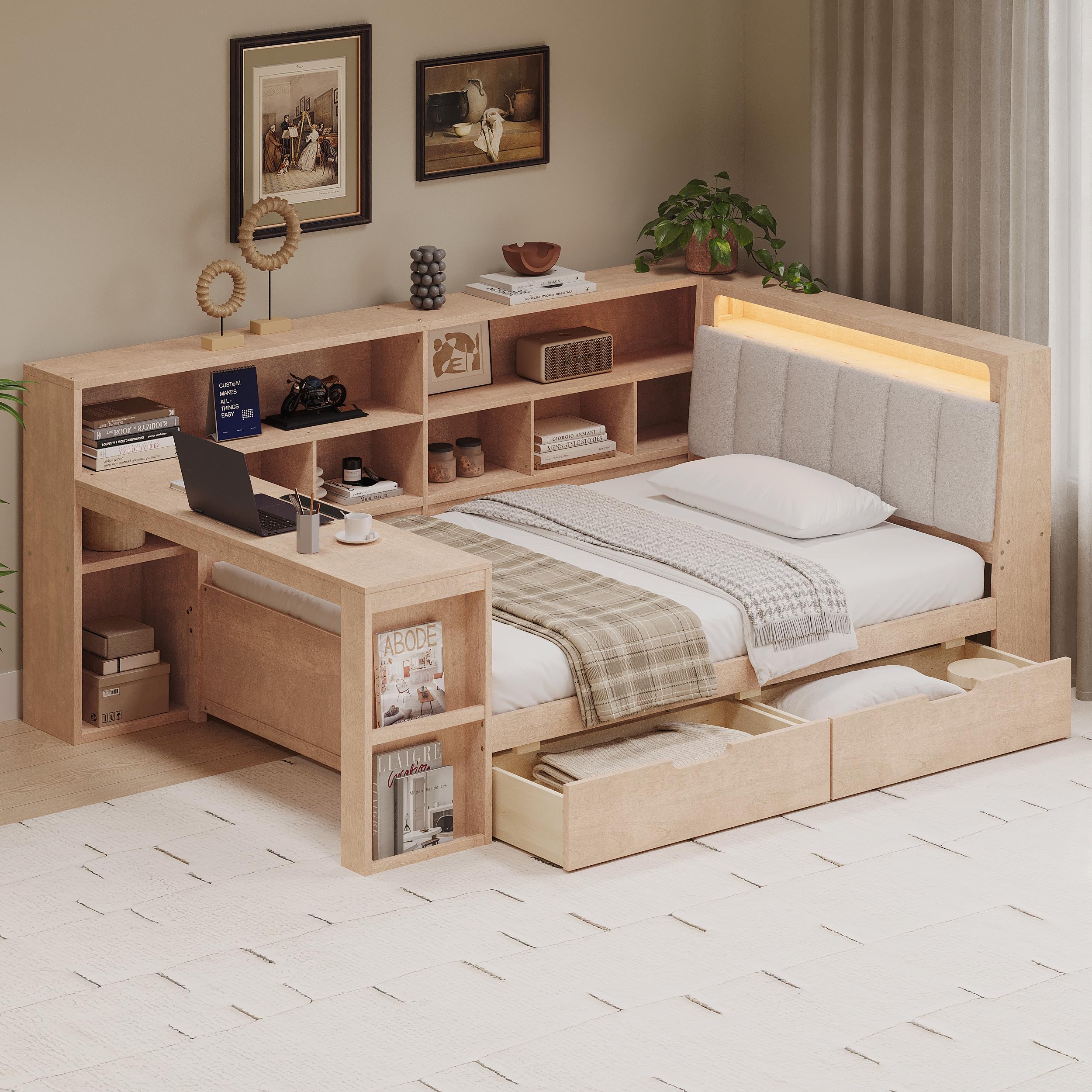MERITLINE Twin Daybed with Storage, Desk, Upholstered Headboard and LED Light