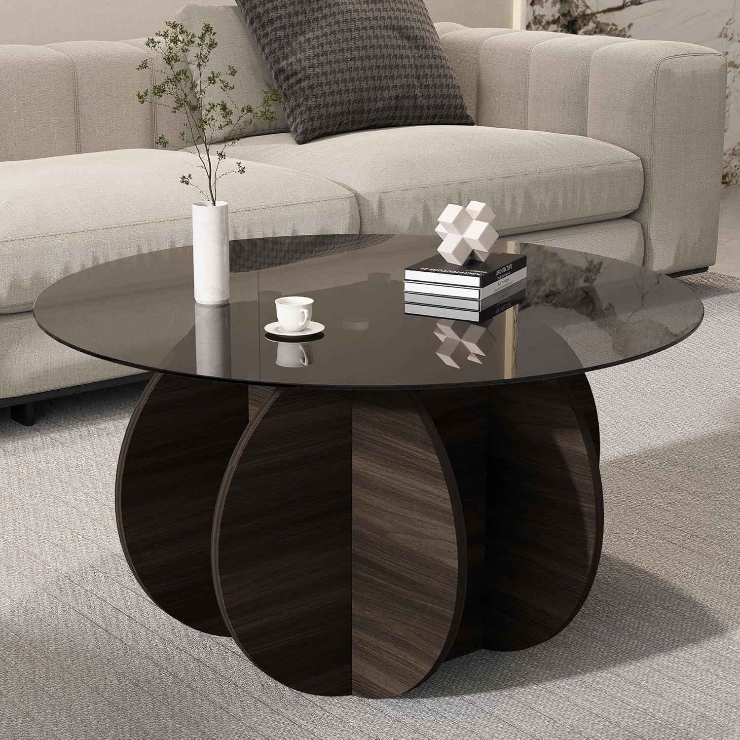 Glass Coffee Table, Round Coffee Table with Petal-Inspired Base, Modern Minimalist Center Table for Decoration, Gray Coffee Tables for Living Room, Study Room, Office