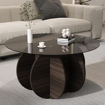 Round Glass Coffee Table, Gray Coffee Table for Living Room