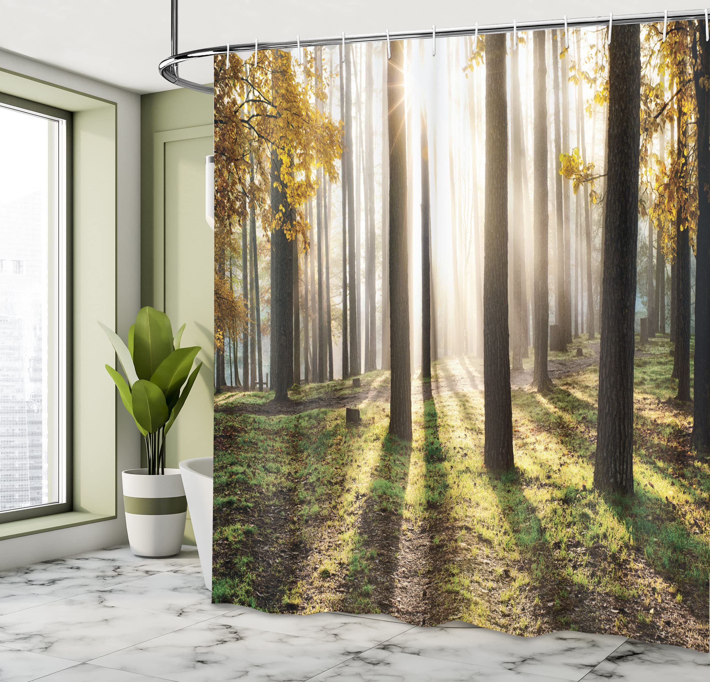 ABAKUHAUS Forest Shower Curtain, Landscape Sunrise in the Forest Leaves in Seasonal Woodland Scenery Photo - Image 4