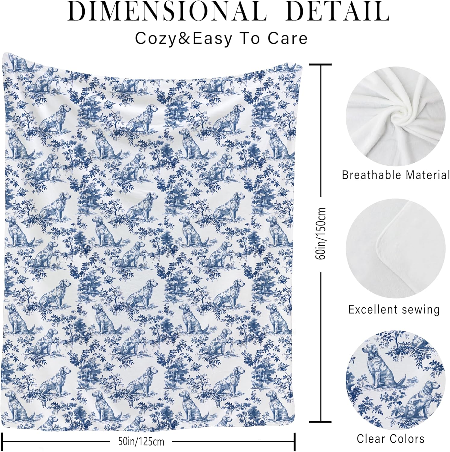 Blue and White Chinoiserie Golden Retriever Blanket, Golden Retriever Gifts, Vintage French Country Toile Dog Throw Blanket for Home Bedroom Room Couch Bed Decor, 50x60 Inches - Image 2
