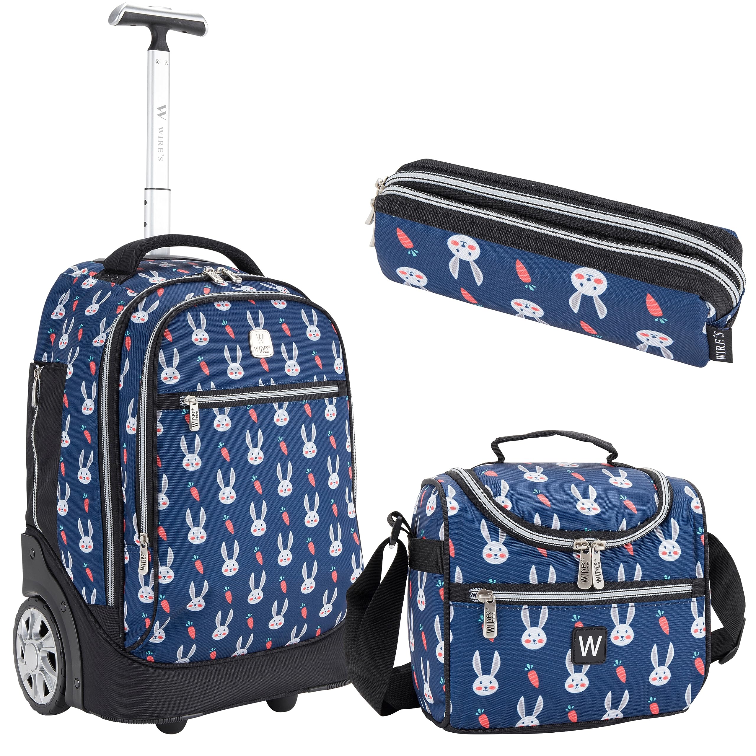 WIRES School bag 3 PCS set All in One 2 WHEEL Rolling Backpack Incloude Pencil case, Lunch bag and trolley backpack UNISEX