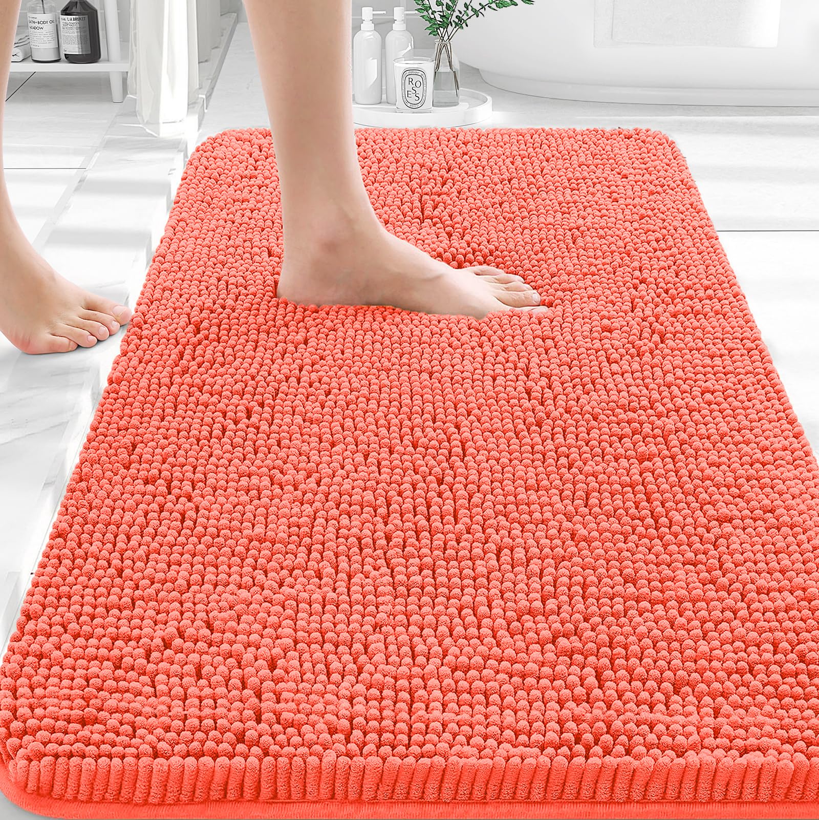 OLANLY Bathroom Rugs 35x24, Extra Soft Absorbent Chenille Bath Rugs | Coral, Quick-Drying Rubber Backing, Machine Washable Bath Mat for Bathroom Floor, Tub and Shower, Home Decor Accessories