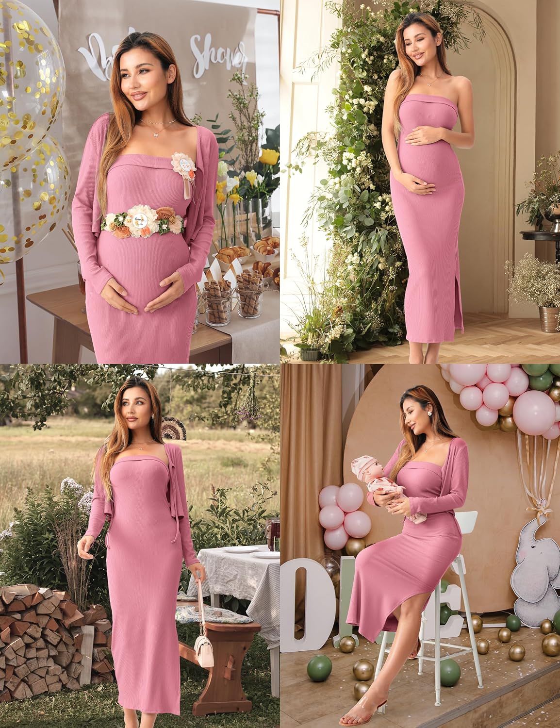 SUNNYBUY Baby Shower Maternity Tube Dress Short Cardigan Bodycon Ribbed Maxi Dress Casual 2 Piece Pregnancy Outfit Set - Image 3