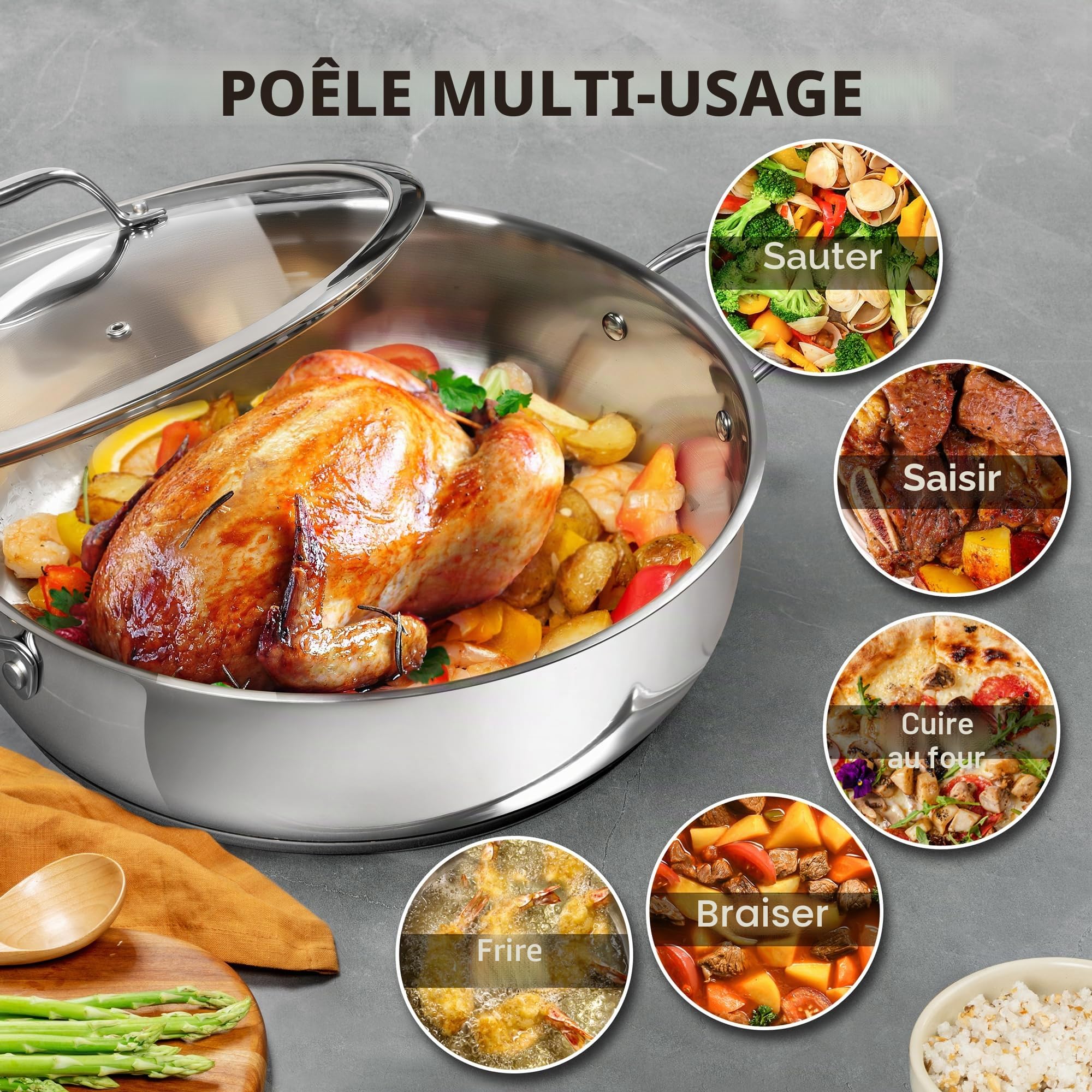 MICHELANGELO Poêle en acier inoxydable de 30,5 cm avec couvercle – Grande sauteuse avec couvercle, passe au lave-vaisselle et au four, compatible avec toutes les tables de cuisson, 6 litres
