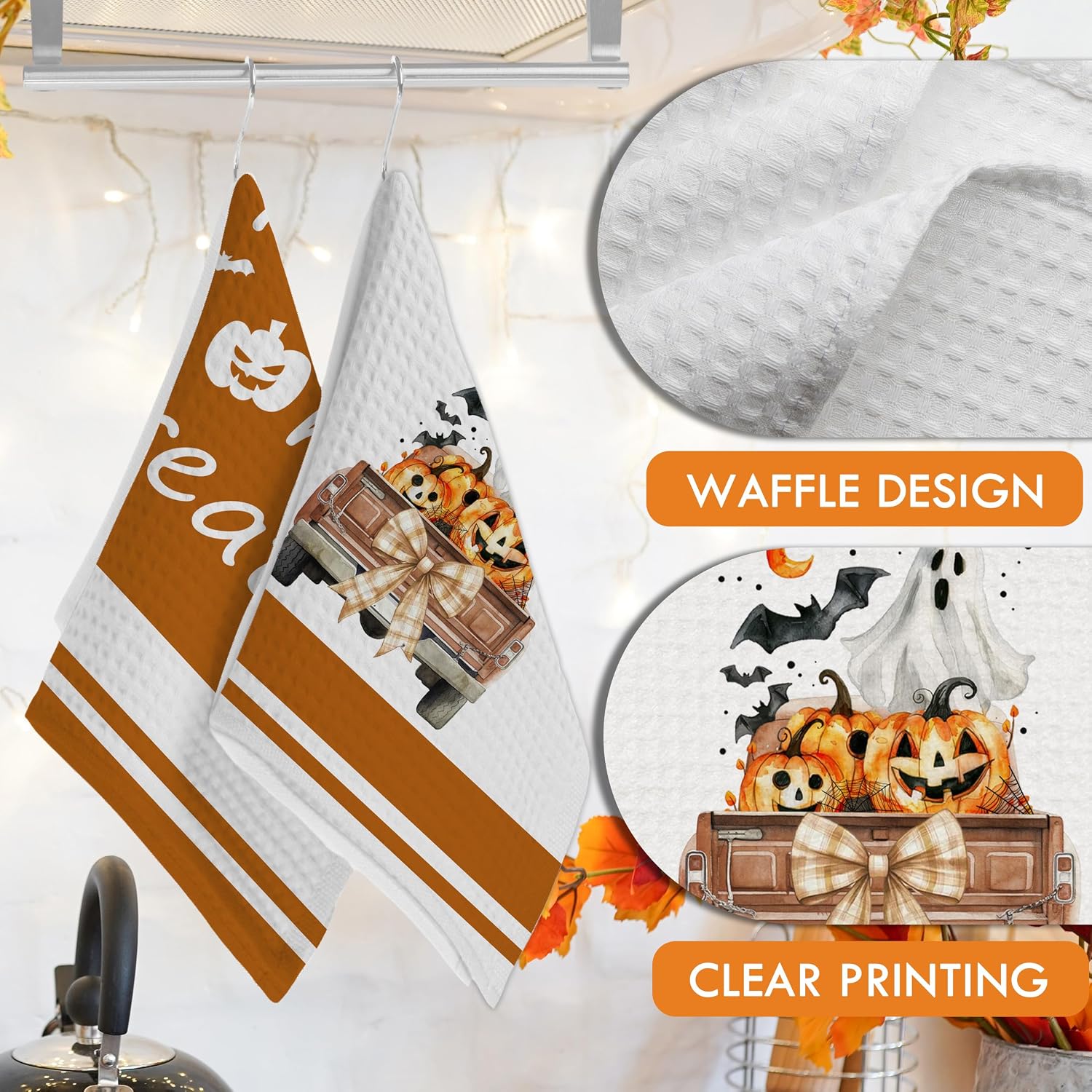 Halloween Kitchen Towels Gifts, Ghost Pumpkin Bat Trick or Treat Spooky, Halloween Kitchen Towels Gifts for Women Men Friends, Set of 2, Home Indoor Bathroom Party Decorations-B01 image 3