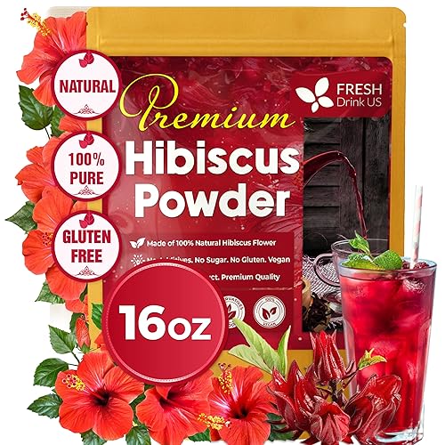 FreshDrinkUS, Polvo de flor de hibisco premium de 16 onzas, 100% natural y puro de flores de hibisco, colorante natural para alimentos, sin