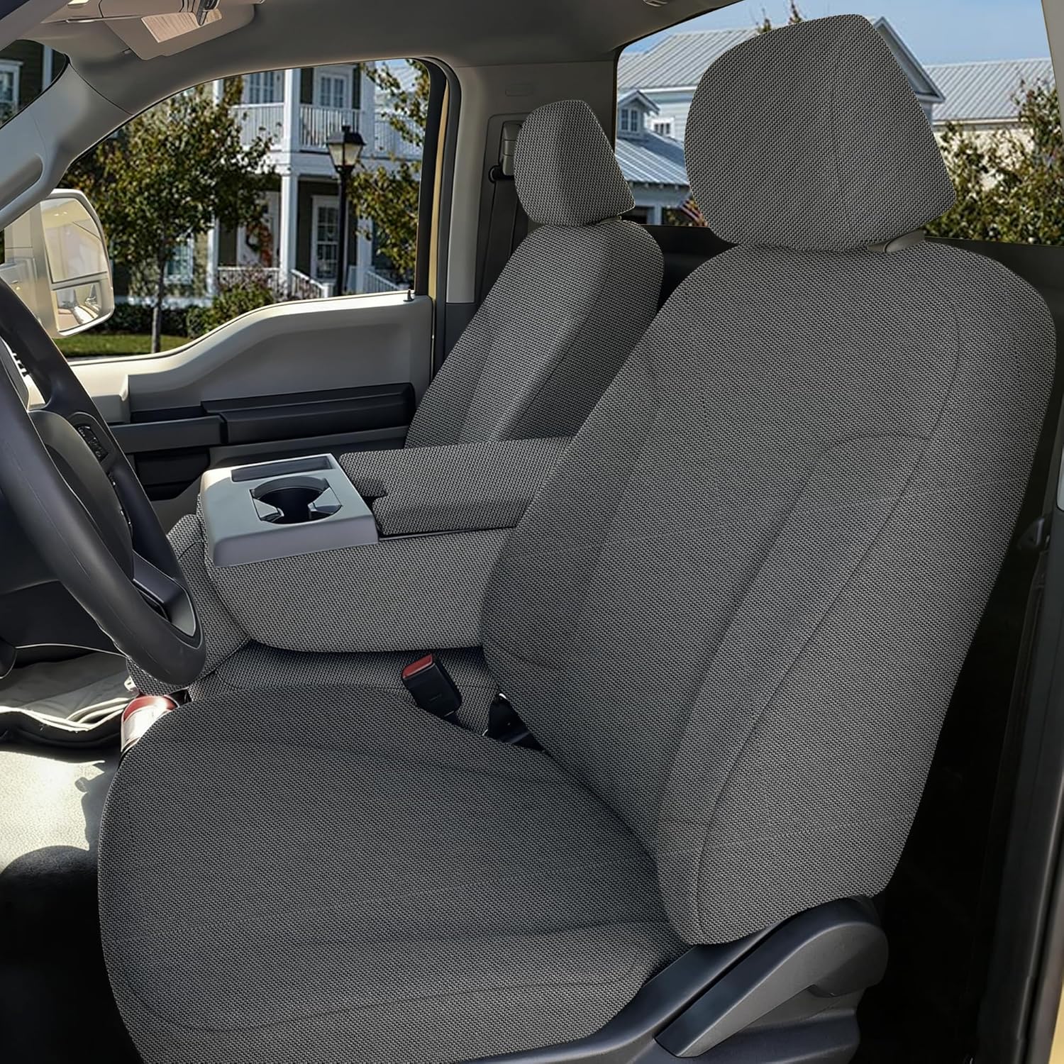 Oxford Fabric Seat Covers for Ford F150 XLT/Lariat 2014 for Ford F250 F350 F450 F550 XLT/Lariat 2015-2021 Front Row Split Bench with Center Console Access - Gray