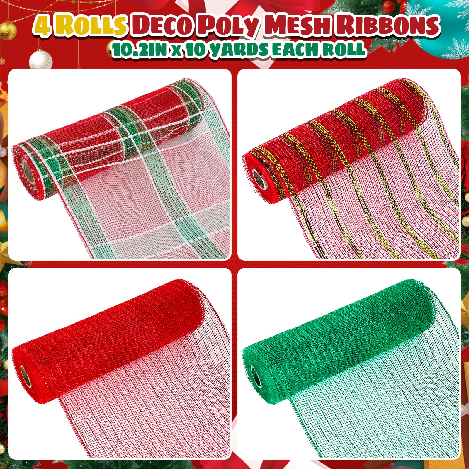 Whaline Lot de 4 rouleaux de ruban en maille métallique pour sapin de Noël - Rouge et vert - 9,1 m - Pour décoration de Noël, bricolage, emballage cadeau, décoration de fête