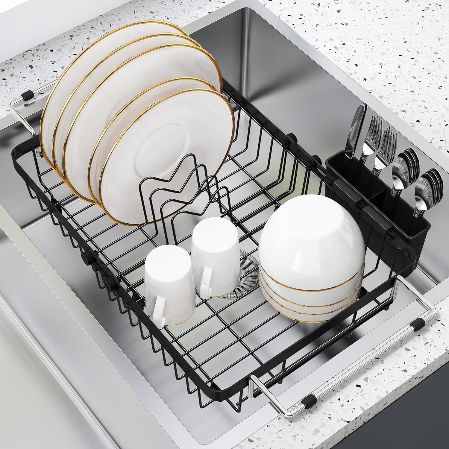 romision Expandable Dish Drying Rack Over The Sink Small Metal Stainless Steel Plate Holder for Compact Kitchen, Space Saving Modern Black Hanging Drainer