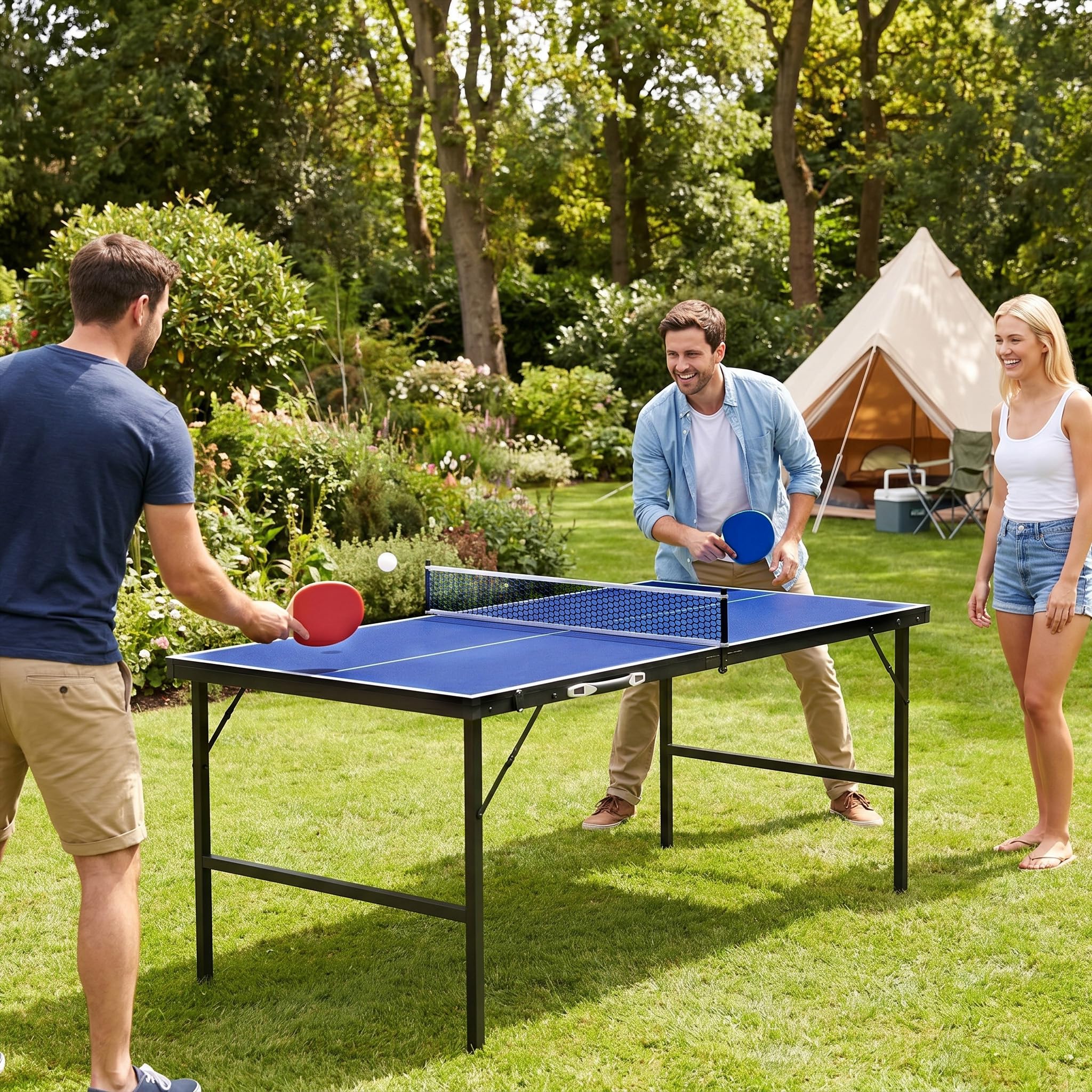 YRHome Tavolo da ping pong, 152,5 x 76 x 71 cm, pieghevole, design a valigetta, con set di 5 palline da ping pong e rete, per casa, ufficio e terrazza, blu/nero