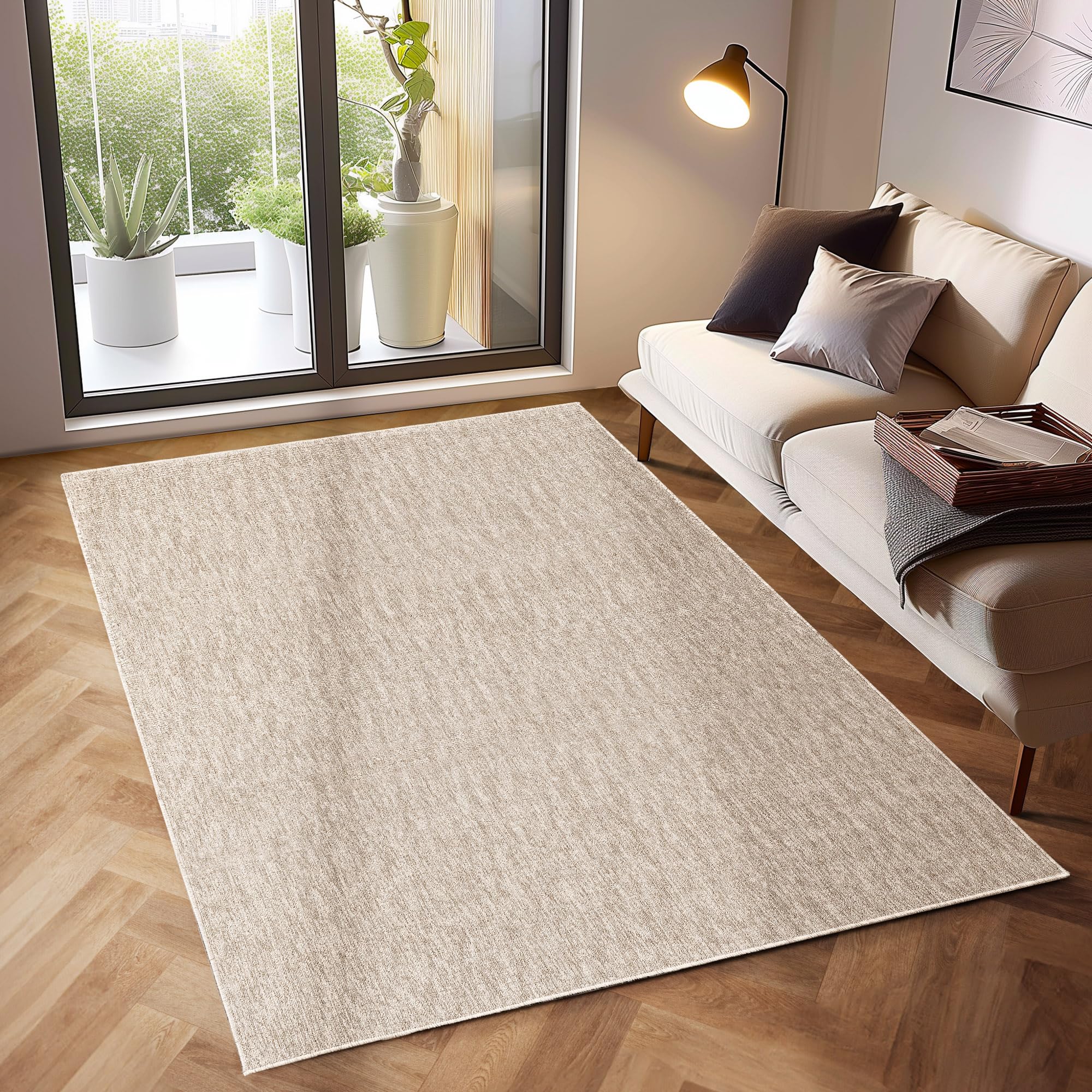 SIMPEX Tapis 240x340 cm Crème, Bouclé Uni à Poils Courts pour Salon Spacieux ou Loft, Moderne et Durable