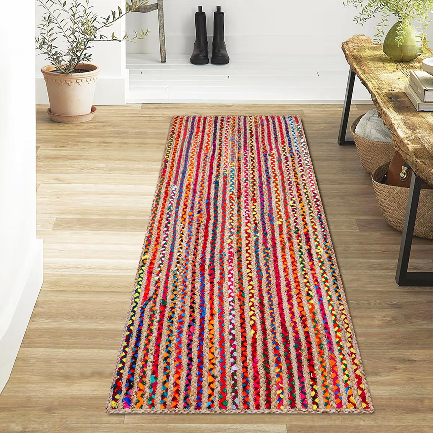 Hausattire Bohemian Braided Runner Rug 2'x6' - Multi Color, Long Farmhouse Jute Cotton Area Rag Rugs for Hallway, Kids Bedroom, Kitchen | Colorful Hand Woven Reversible Floor Carpet - 24x72 Inch