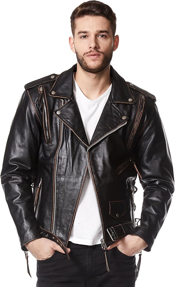 Men's Eagle Distressed Black Rub Off Casual Real Hide Biker