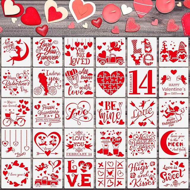 Containlol 30 Pcs Valentine Stencils Plastic Valentine's Day Reusable Heart Stencil Templates Painting Envelope for DIY Crafts Scrapbooks Album Card Wedding Party Decor