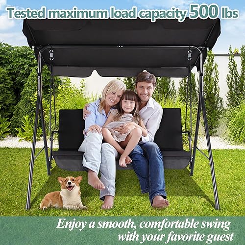 Miniatura 3 de COVERONICS Silla columpio de porche de 3 asientos, columpio de porche con toldo ajustable, marco de acero duradero para patio, césped, jardín,