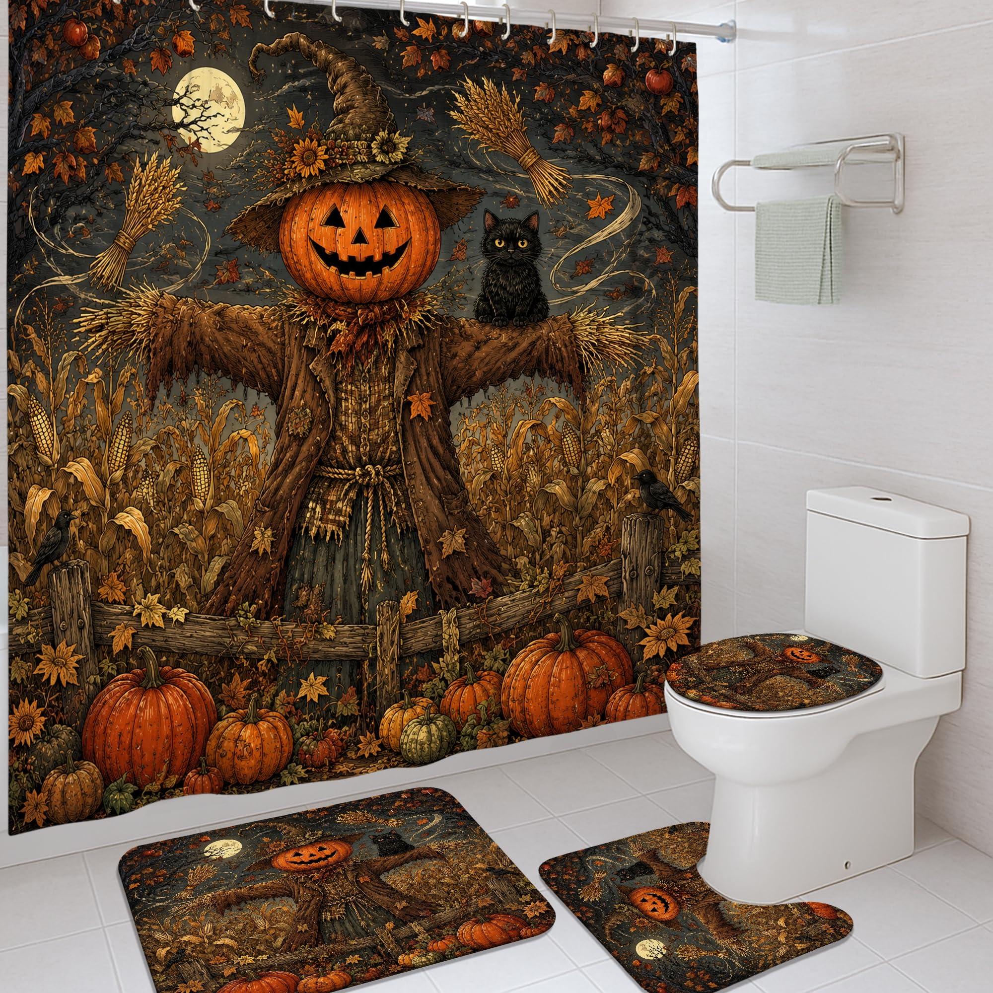 Rideau de douche Halloween orange 183x183 cm avec crochets pour baignoire