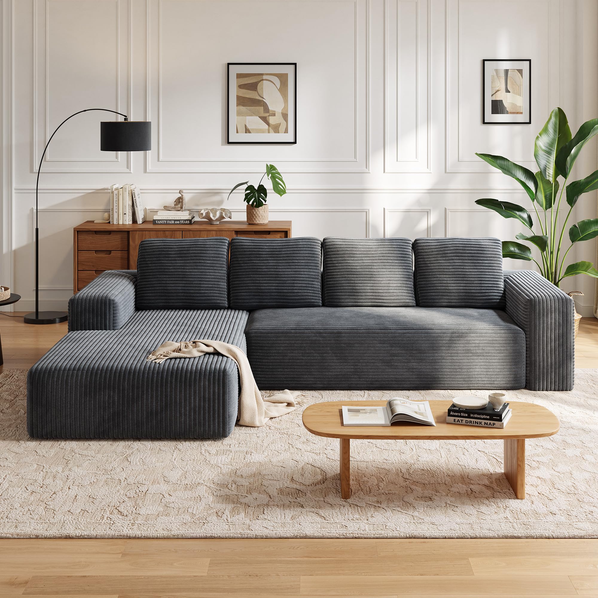 Sofá Esquinero Modular en L, Sofa 4 Plazas con función Cama y Chaise Longue Izquierda, Sofá Cama Chaise Longue (Gris)