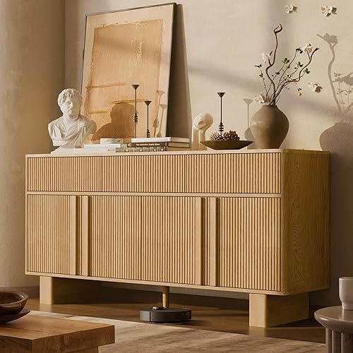63" Wide Sideboard Buffet Cabinet with Storage, Modern Buffet with 3 Drawers and 4 Doors, Storage Cabinet with 2 Reinforced Legs for Kitchen, Living Room, Light Oak