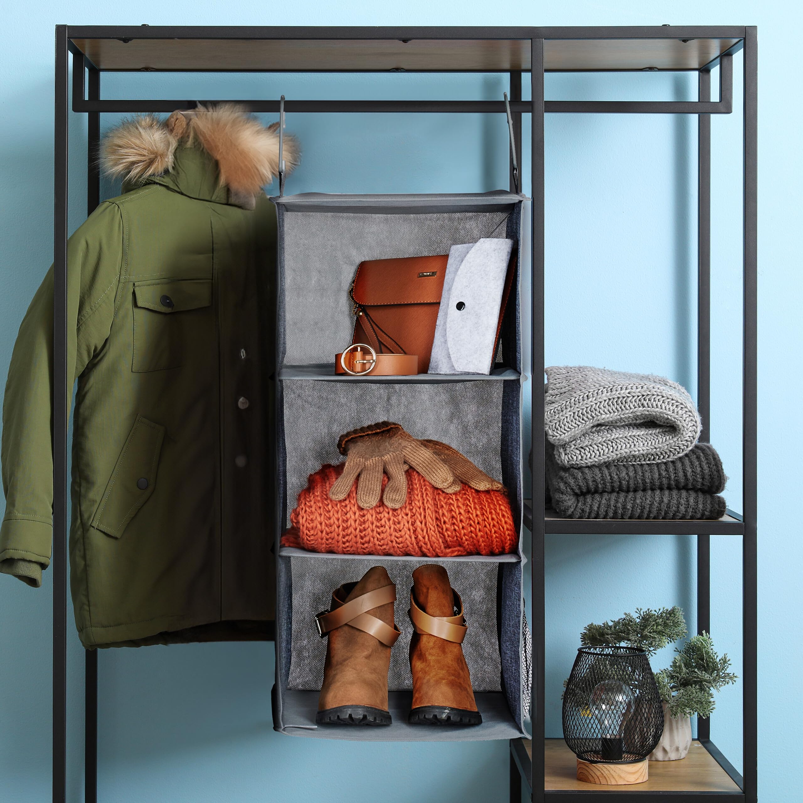 Relaxdays Set 2 Organizadores Colgantes Armario, 3 Compartimentos, Tela, 73x30x30 cm, 2 Ganchos, Almacenaje Burro, Gris | Dimensiones: 73 x 30 x 30 cm, 2 ganchos cada uno