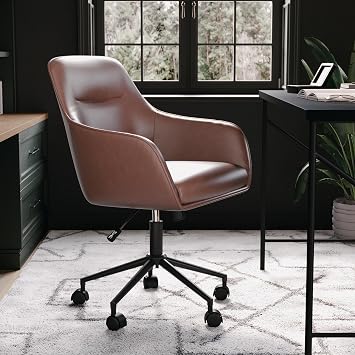 Martha Stewart Rayna Swivel Task Chair with Flared Arms for Home Office in Saddle Brown Faux Leather with Oil Rubbed Bronze Frame