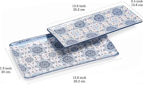 Miniatura 2 de Bico Blue Talavera - Juego de 2 platos rectangulares de cerámica de 14 pulgadas, para servir ensalada, pasta, queso, jamón, aperitivo, microondas y