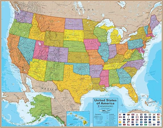 Amazon Co Jp Hemispheres エミスフェール アメリカ 地図 英語表記 ポスター ラミネート加工 Usa Wall Map With Flags Laminated Educational Poster 文房具 オフィス用品