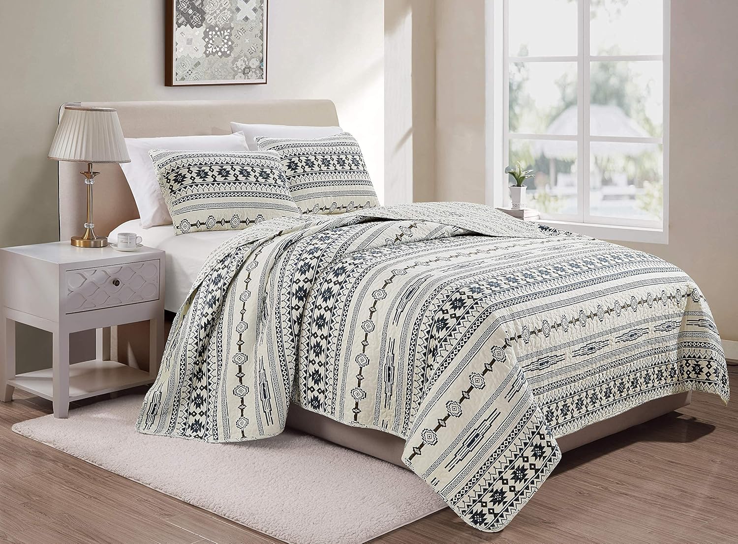 Chezmoi Collection Colby 3-Piece Western Quilt Set - Geometric Tribal Ivory Navy Brown Red Printed Pre-Washed Reversible Microfiber Bedspread Set, King Size