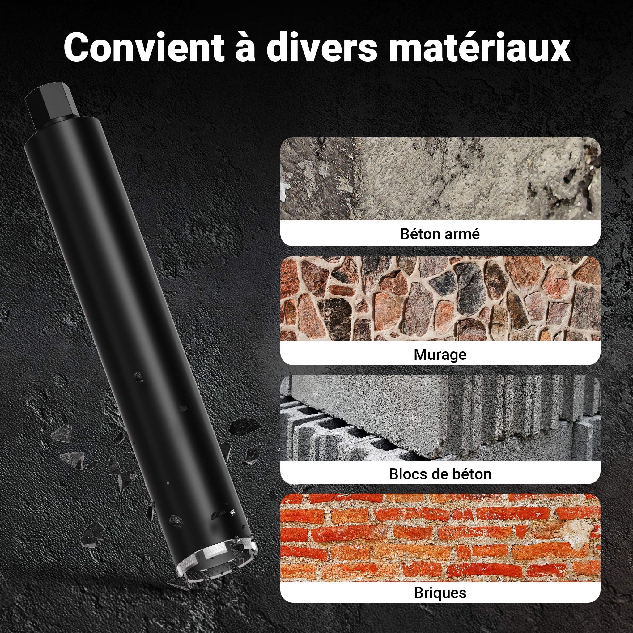 Wiltec Foret diamant pour Carotteuse Ø 82 mm – Haut rendement – 1¼ UNC – Longueur 450 mm – Métal fritté – Forage à humide – Chantier Carrelage Béton – Trépan Couronne Diamant